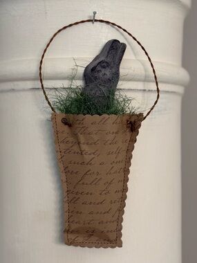 Hand Crafted Bunny Rabbit in Paper Basket with Wire Handle Home Decor